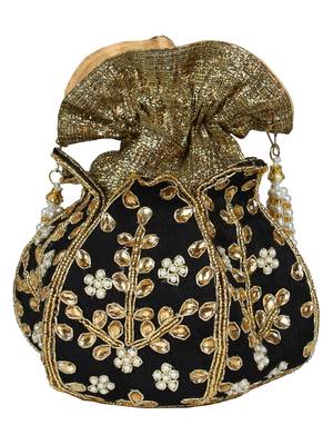 Lotus Embroidered Faux Silk Potli Black & Gold 3