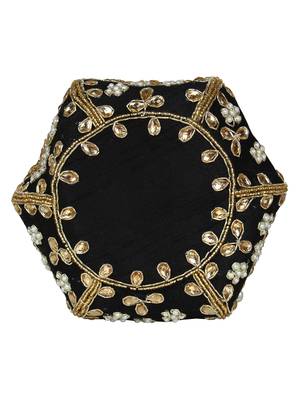 Lotus Embroidered Faux Silk Potli Black & Gold 4