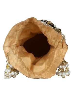 Lotus Embroidered Faux Silk Potli Black & Gold 5
