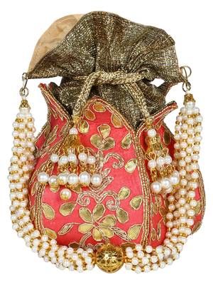 Lotus Embroidered Faux Silk Potli Pink & Gold 1
