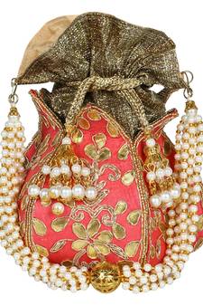 Lotus Embroidered Faux Silk Potli Pink & Gold