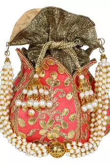 Lotus Embroidered Faux Silk Potli Pink & Gold