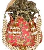 Lotus Embroidered Faux Silk Potli Pink & Gold