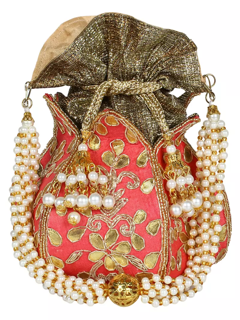Lotus Embroidered Faux Silk Potli Pink & Gold