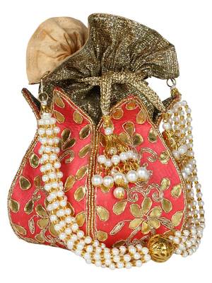Lotus Embroidered Faux Silk Potli Pink & Gold 2