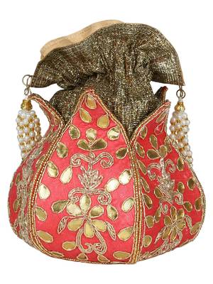 Lotus Embroidered Faux Silk Potli Pink & Gold 3