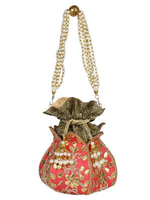 Lotus Embroidered Faux Silk Potli Pink & Gold 4