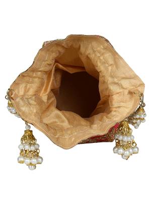 Lotus Embroidered Faux Silk Potli Pink & Gold 5