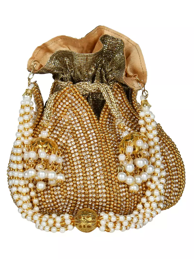 Lotus Embellished Faux Silk Potli Gold