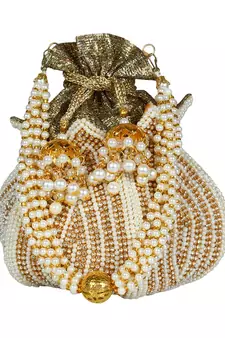 Lotus Embellished Faux Silk Potli White & Gold