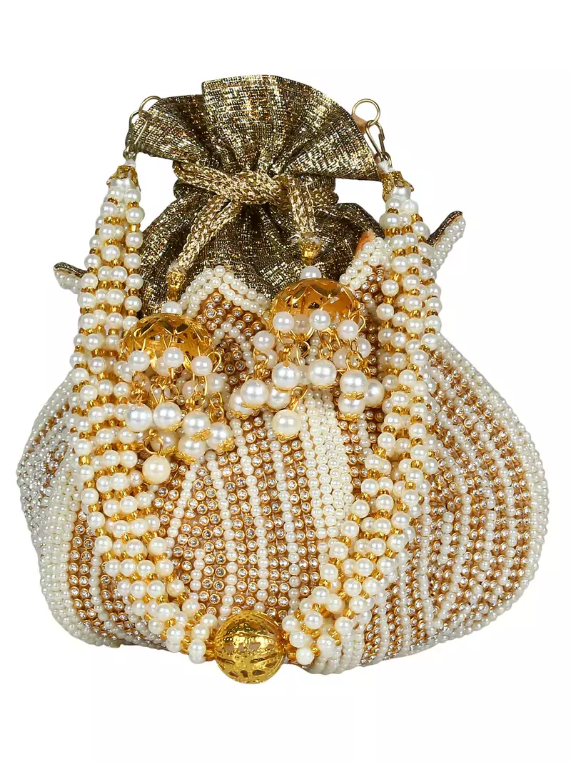 Lotus Embellished Faux Silk Potli White & Gold