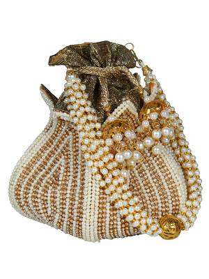 Lotus Embellished Faux Silk Potli White & Gold 2