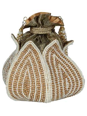 Lotus Embellished Faux Silk Potli White & Gold 3