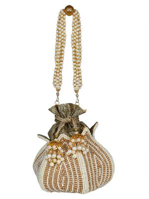 Lotus Embellished Faux Silk Potli White & Gold 4