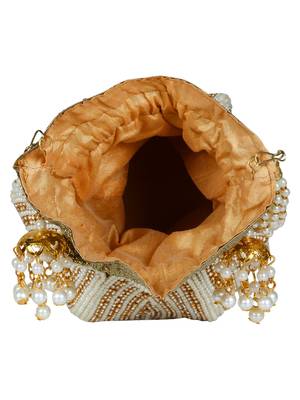 Lotus Embellished Faux Silk Potli White & Gold 5
