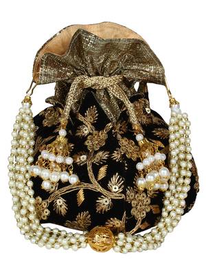 Lotus Embroidered Velvet Potli Black & Gold 1