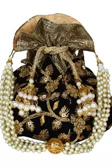 Lotus Embroidered Velvet Potli Black & Gold