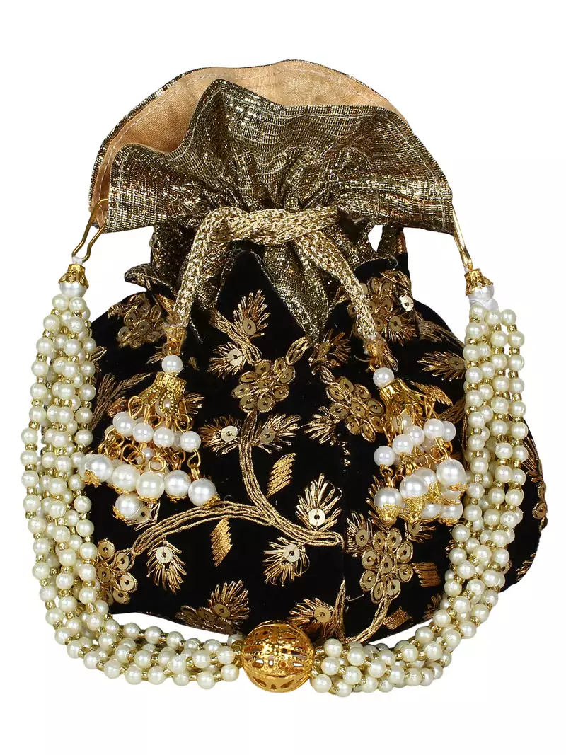Lotus Embroidered Velvet Potli Black & Gold