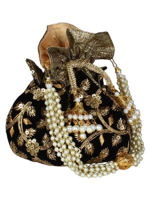 Lotus Embroidered Velvet Potli Black & Gold 2