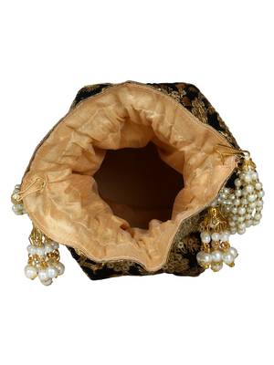 Lotus Embroidered Velvet Potli Black & Gold 5