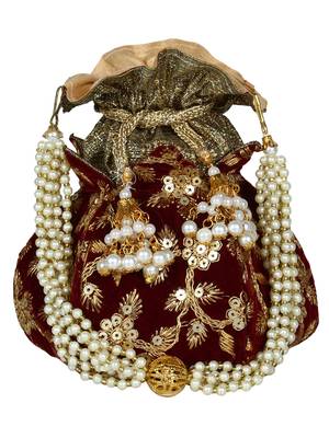 Lotus Embroidered Velvet Potli Maroon & Gold 1