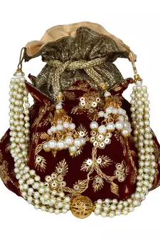 Lotus Embroidered Velvet Potli Maroon & Gold