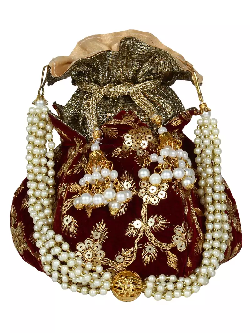 Lotus Embroidered Velvet Potli Maroon & Gold