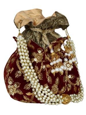 Lotus Embroidered Velvet Potli Maroon & Gold 2