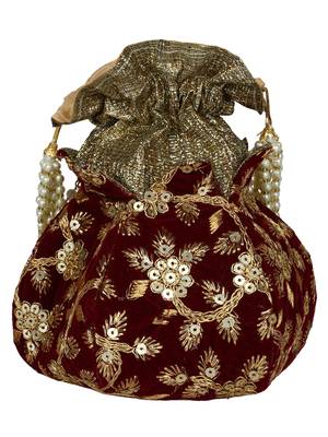 Lotus Embroidered Velvet Potli Maroon & Gold 3