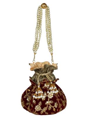 Lotus Embroidered Velvet Potli Maroon & Gold 4