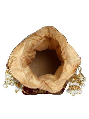 Lotus Embroidered Velvet Potli Maroon & Gold 5