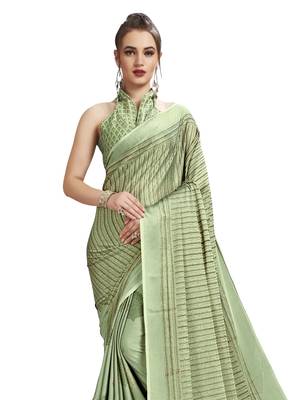 Green Printed Shimmer Sarees With Unstitched Blouse 2