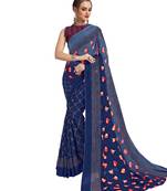 Navy Blue Printed Shimmer Sarees With Unstitched Blouse
