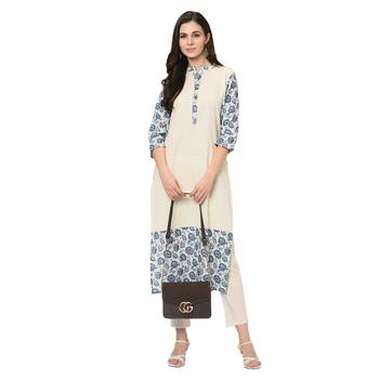 Women's Off White Digital Print Straight Flax Kurta Pant Set 1