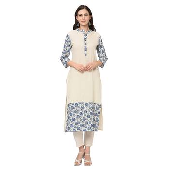 Women's Off White Digital Print Straight Flax Kurta Pant Set 2