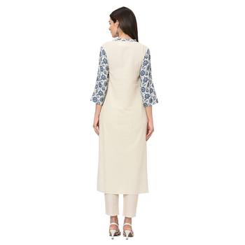 Women's Off White Digital Print Straight Flax Kurta Pant Set 3