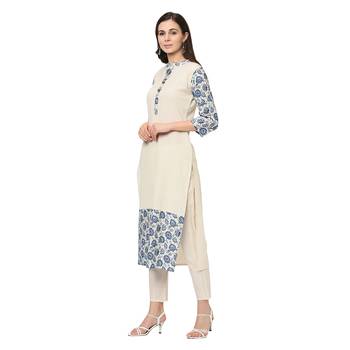 Women's Off White Digital Print Straight Flax Kurta Pant Set 4