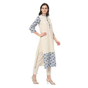 Women's Off White Digital Print Straight Flax Kurta Pant Set 5