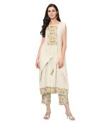 Women's Cream Digital Print Flared Flax Kurta Pant Set
