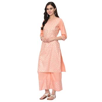 Women's Peach Foil Print Straight Polysilk Kurta Palazzo Set 1
