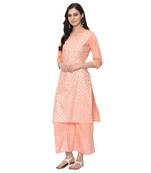 Women's Peach Foil Print Straight Polysilk Kurta Palazzo Set