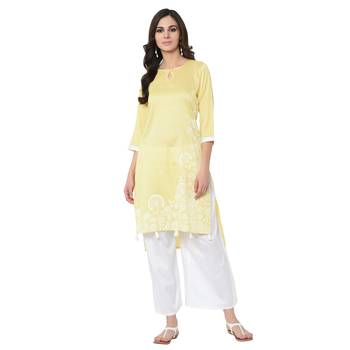 Women's Yellow Khadi Print Straight Polysilk Kurta Palazzo Set 1