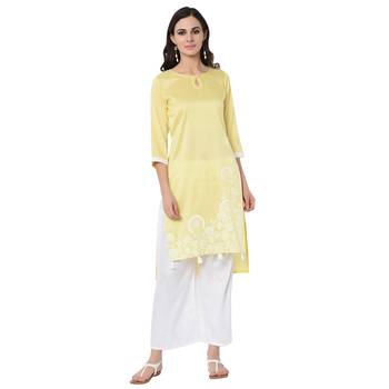 Women's Yellow Khadi Print Straight Polysilk Kurta Palazzo Set 2