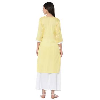 Women's Yellow Khadi Print Straight Polysilk Kurta Palazzo Set 3