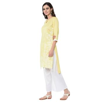Women's Yellow Khadi Print Straight Polysilk Kurta Palazzo Set 4