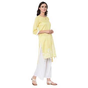 Women's Yellow Khadi Print Straight Polysilk Kurta Palazzo Set 5