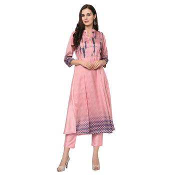 Women's Pink Digital Print Flared Polysilk Kurta Pant Set 2
