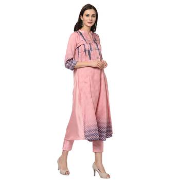 Women's Pink Digital Print Flared Polysilk Kurta Pant Set 4