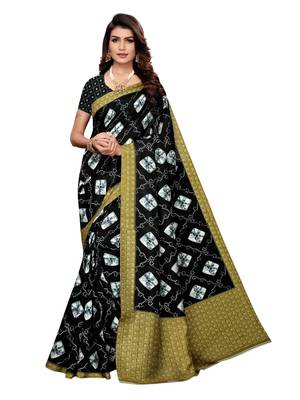 Black Printed Silk Blend Sarees With Unstitched Blouse 1