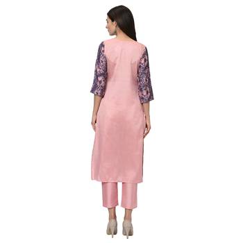 Women's Pink Digital Print Straight Polysilk Kurta Pant Set 3
